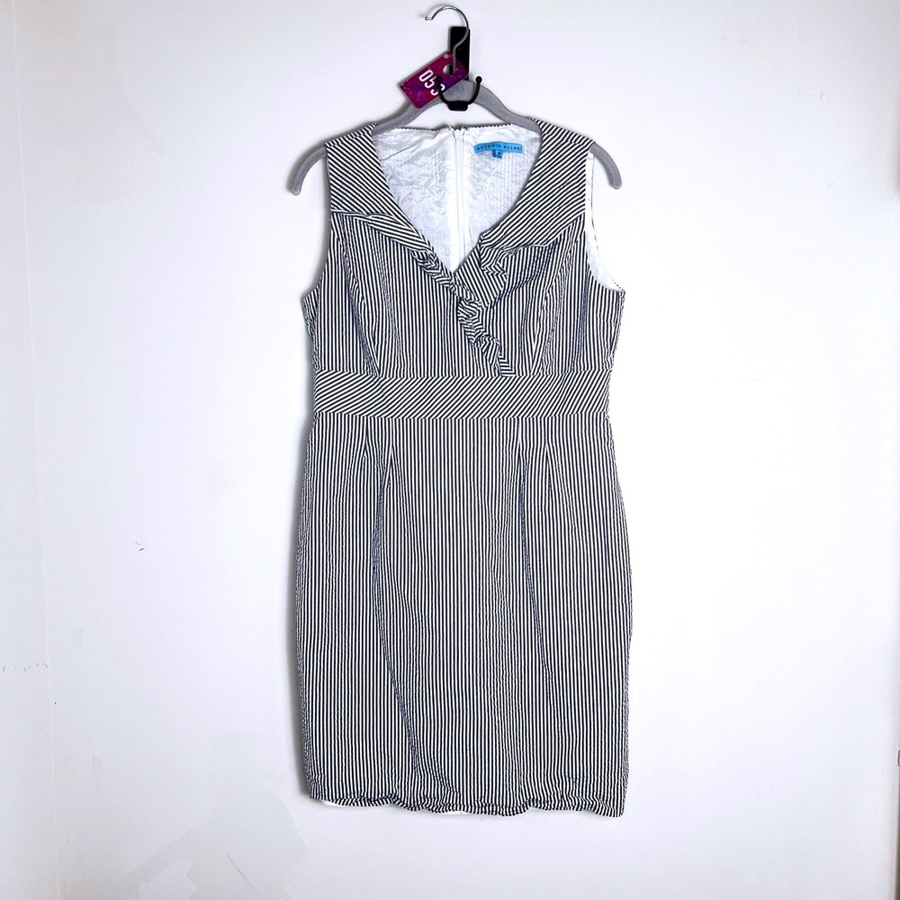 ANTONIO MELANI Striped Sheath Dress Size 10 Navy White V-Neck Sleeeless